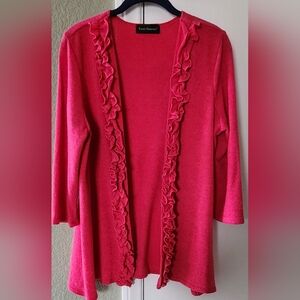 Travel Elements; 3/4 Sleeve Open Front Ruffled Sweater